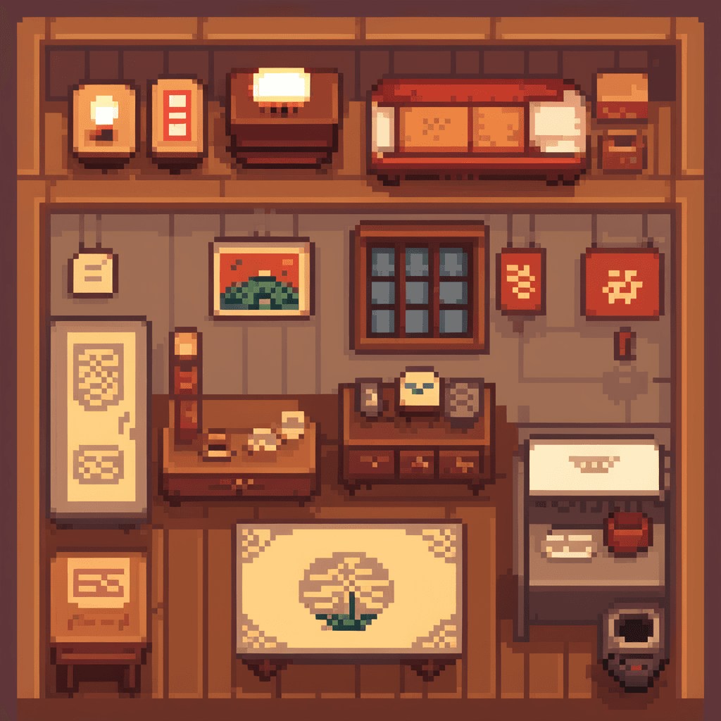AI generated: Cute interior of Japanese apartment, 64 bits Pixel Art