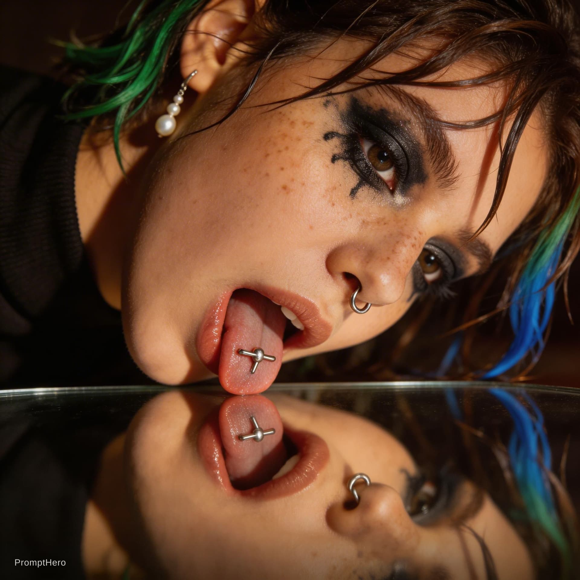 AI generated: Extreme close up of a 20-year-old woman in sensory ecstasy, head tilted. Wide open mouth, tongue wit...