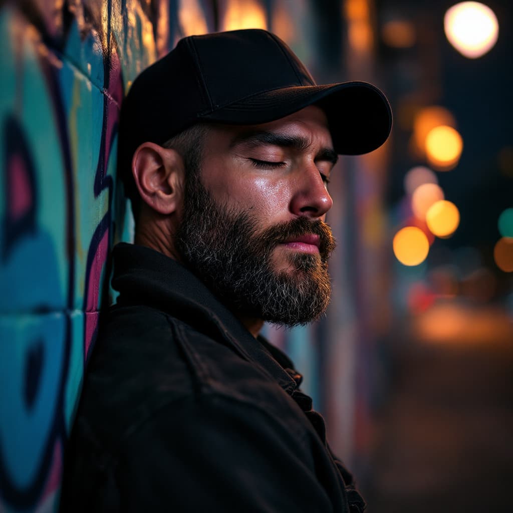 AI generated: Cinematic portrait of a strong, charismatic man with a rugged beard, wearing a black baseball cap an...