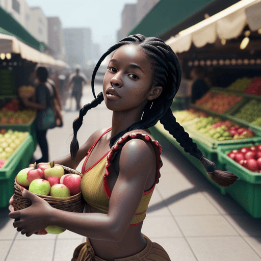 AI generated: Black girl with braids holding apples runs from people chasing her through the market, hyper-realism...