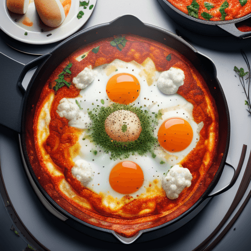AI generated: Food photography, two shakshuka, top view,in a luxurious Michelin kitchen style, studio lighting, de...