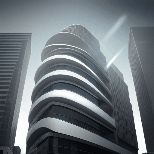 AI generated: photorealistic, canon EOS 5d, minimalistic medium scale office building 6 floors, curved, geometric ...