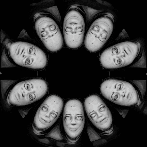 AI generated: agent smith and his clones, black and white, deep fried