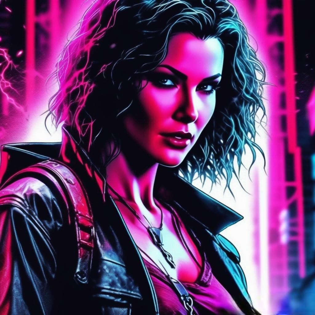 AI generated: A poster portrait feature a woman with voluminous, curly hair styled in a messy, retro fashion, brig...