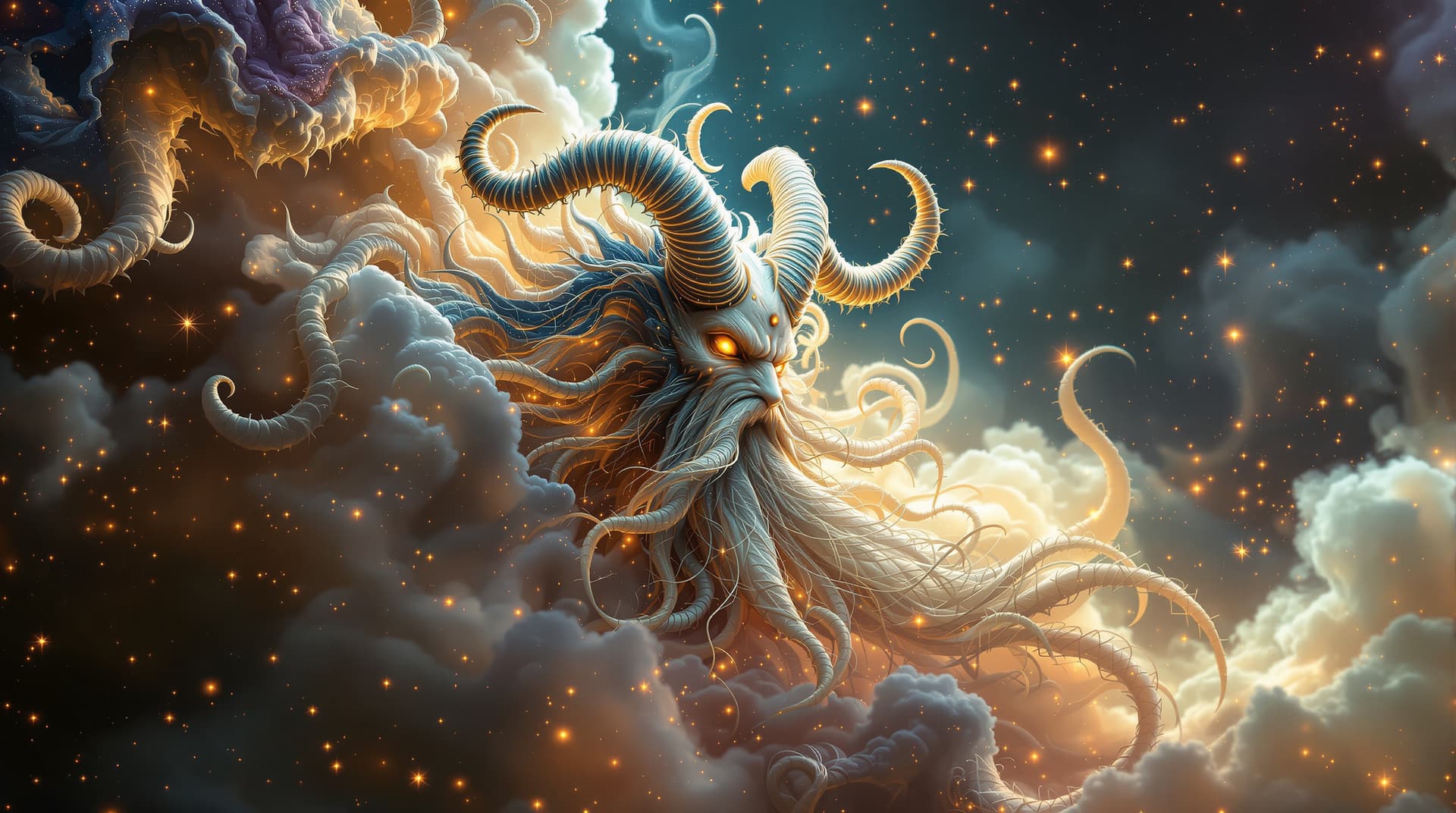 AI generated:  A majestic zodiak fractal figure evokes ancient wisdom and mythical power, which dominate the scene...