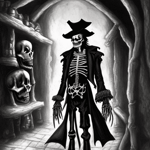 AI generated: The image features a skeleton dressed as a pirate, wearing a pirate hat and a black coat. The skelet...