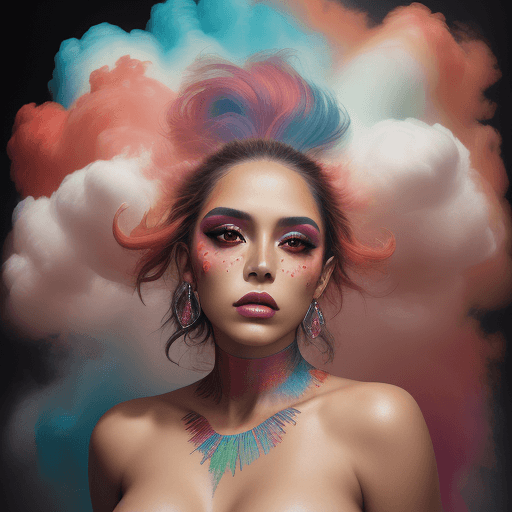 AI generated: portrait of a Latin female model  covered in cloud of multi color smoke, whirlwind, coral highlight ...