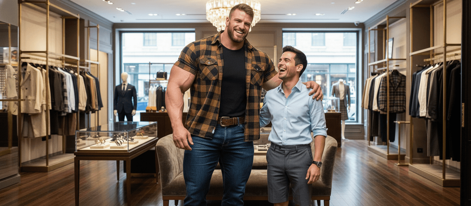 AI generated: At very luxurious clothing store. 

The bodybuilder is 6 feet 4 inches tall, he has huge muscular ...