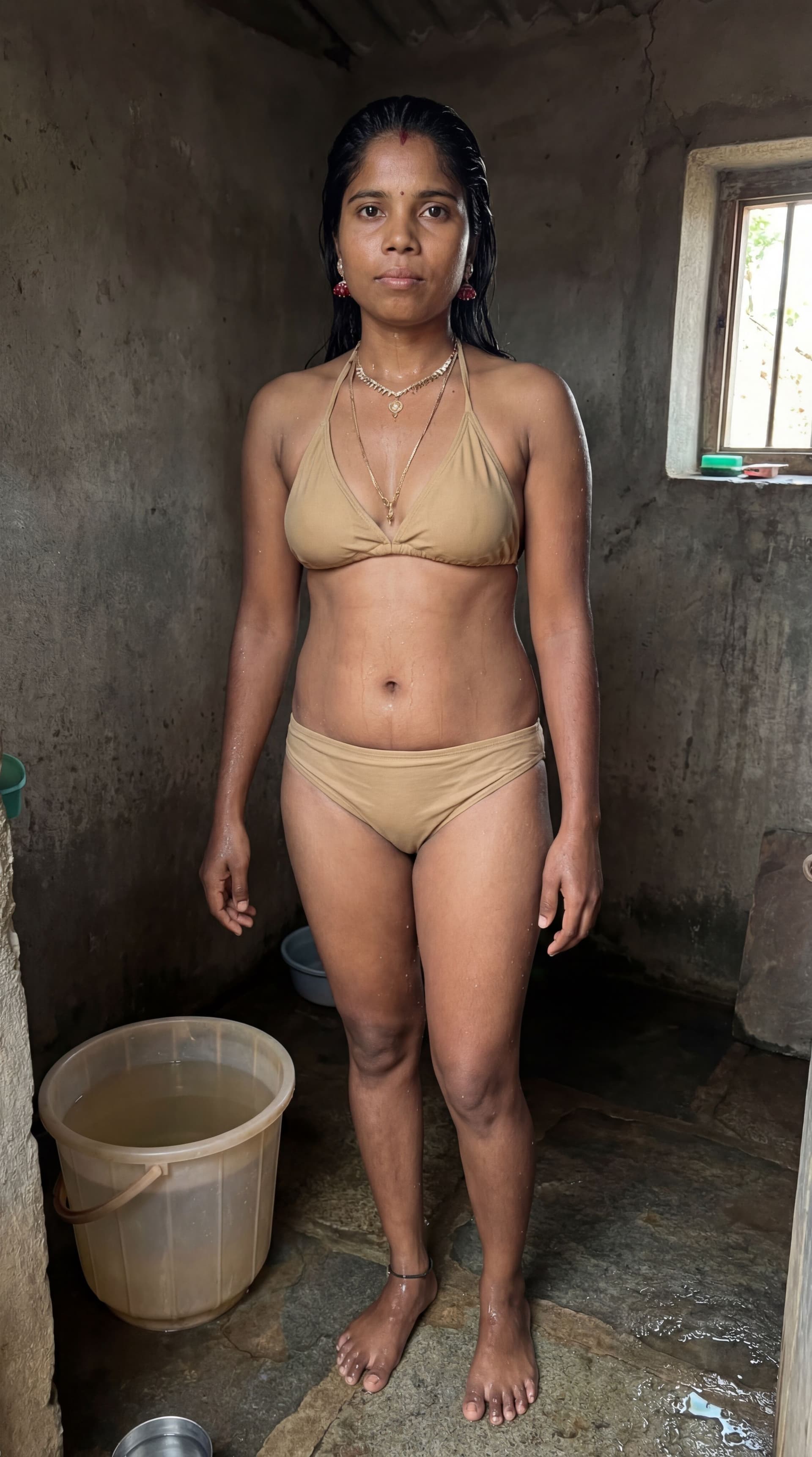 AI generated: Like a wet garment change the dress dress is sand color bikini and change the place is village bathr...