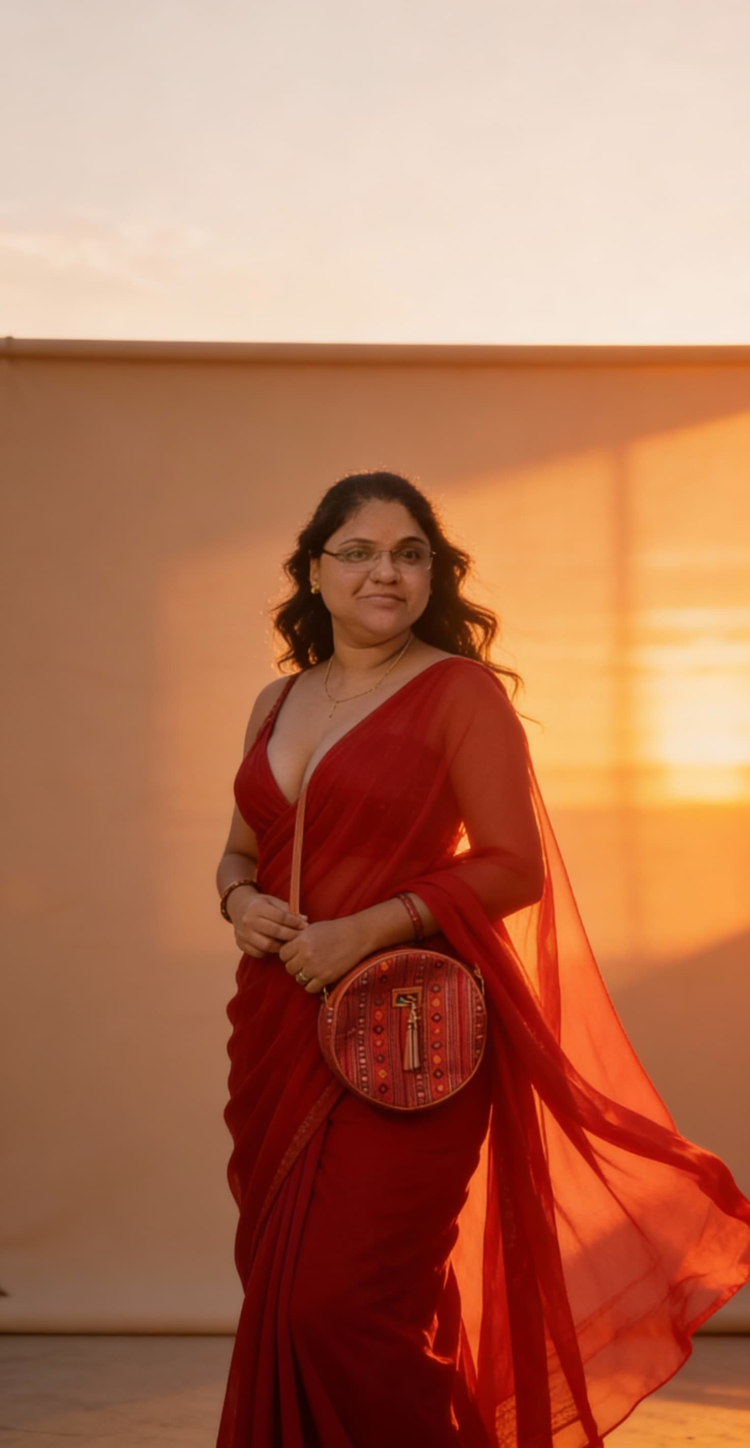 AI generated: Turn the subject into an iconic Bollywood heroine wearing a flowing red chiffon saree, with hair sty...