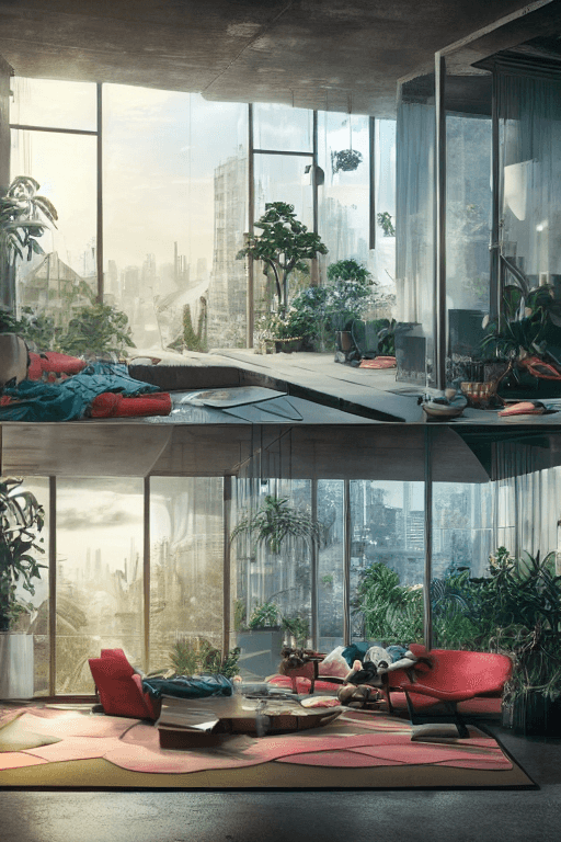 AI generated: hanging gardens, high resolution concept art of an apartment living room overlooking a large futuris...