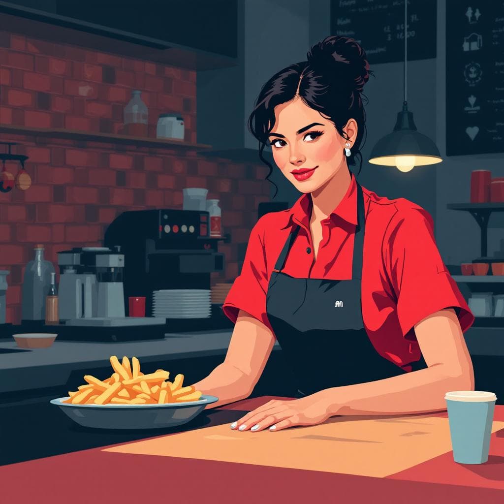 AI generated: patrick nagel style illustration of a female worker in a fast food restaurant 