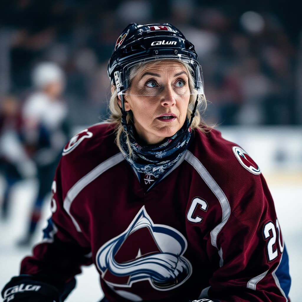 AI generated: Older woman in Avalanche Hockey Uniform on ice during game in action