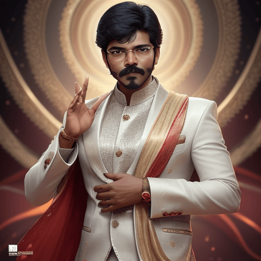 AI generated: the renowned Indian actor Vijay in a dynamic and charismatic pose. Vijay should be dressed in his di...