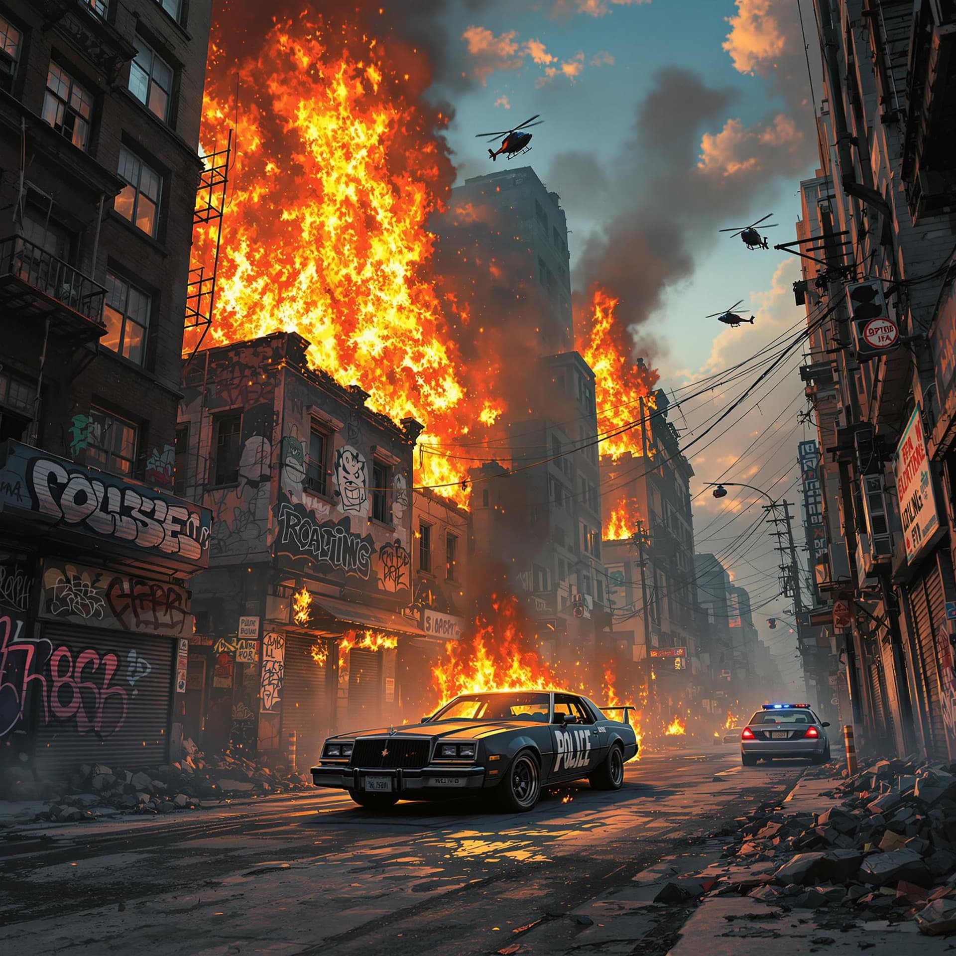 AI generated: hip hop graffiti abandoned street buildings and a car or 2 are on fire, police helicopters overhead,...