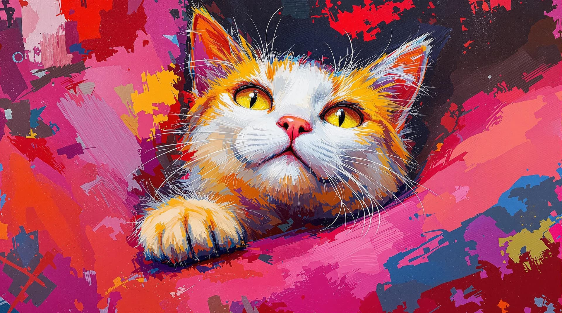 AI generated:    A lively and energetic oil painting in bright, vibrant colors showing    
cat woman   The style i...