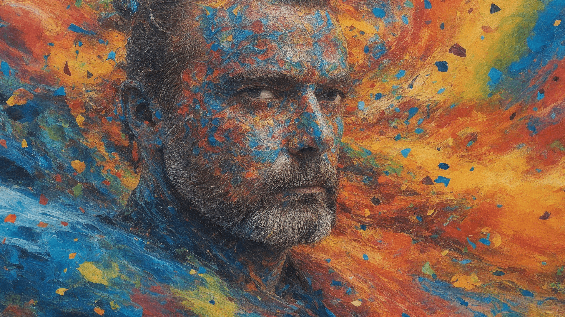 AI generated: portrait of Bartg man made of elemental chaos,materialising in order to get the beauty remembered fo...