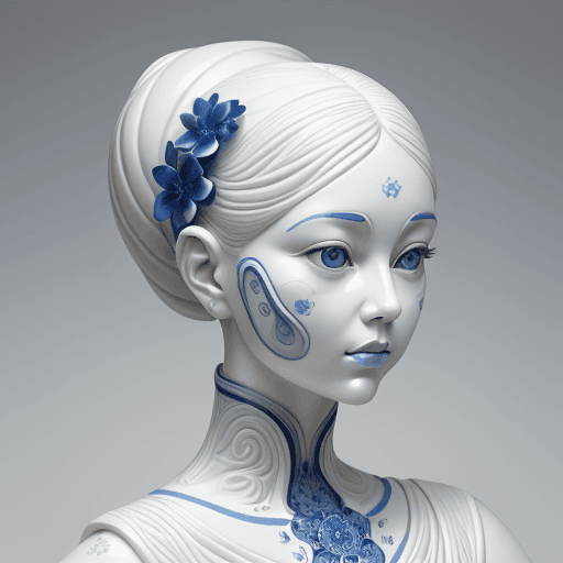 AI generated: a woman made out of porcelain, in the style of balanced symmetry, white and blue, detailed facial fe...