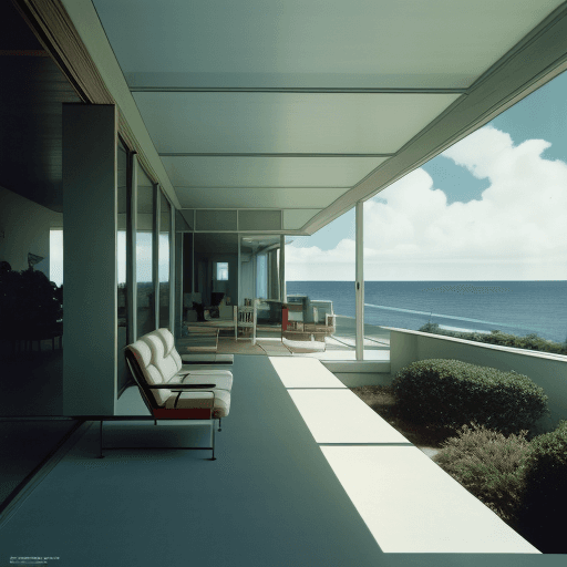 AI generated: Hyper realistic eye level exterior photo of a mid century modern style house overlooking the ocean, ...