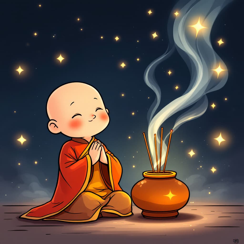 AI generated: A cartoon of a cute little Chinese Taoist priest rendered in Japan, with his hands clasped together,...