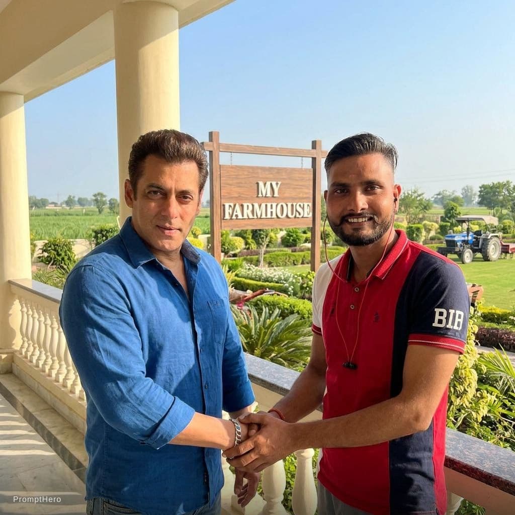 AI generated: with SALMAN KHAN in front of a MY FARMHOUSE  professional setting