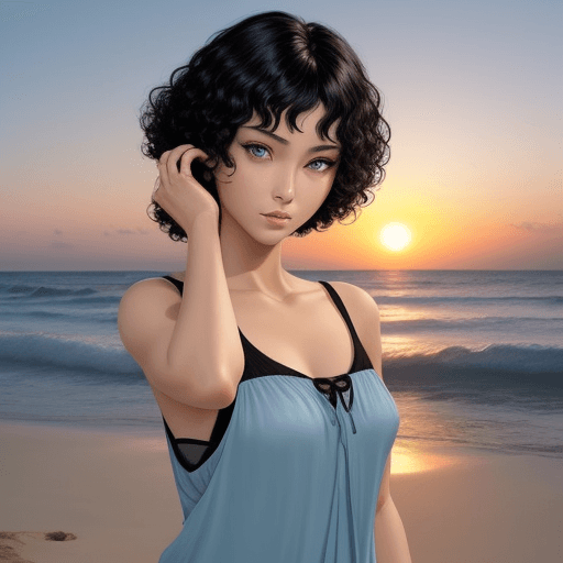 AI generated: a sunset beach
oriental black hair
have blue eyes
Short hair with a perm
keep one's.
The hand is beh...