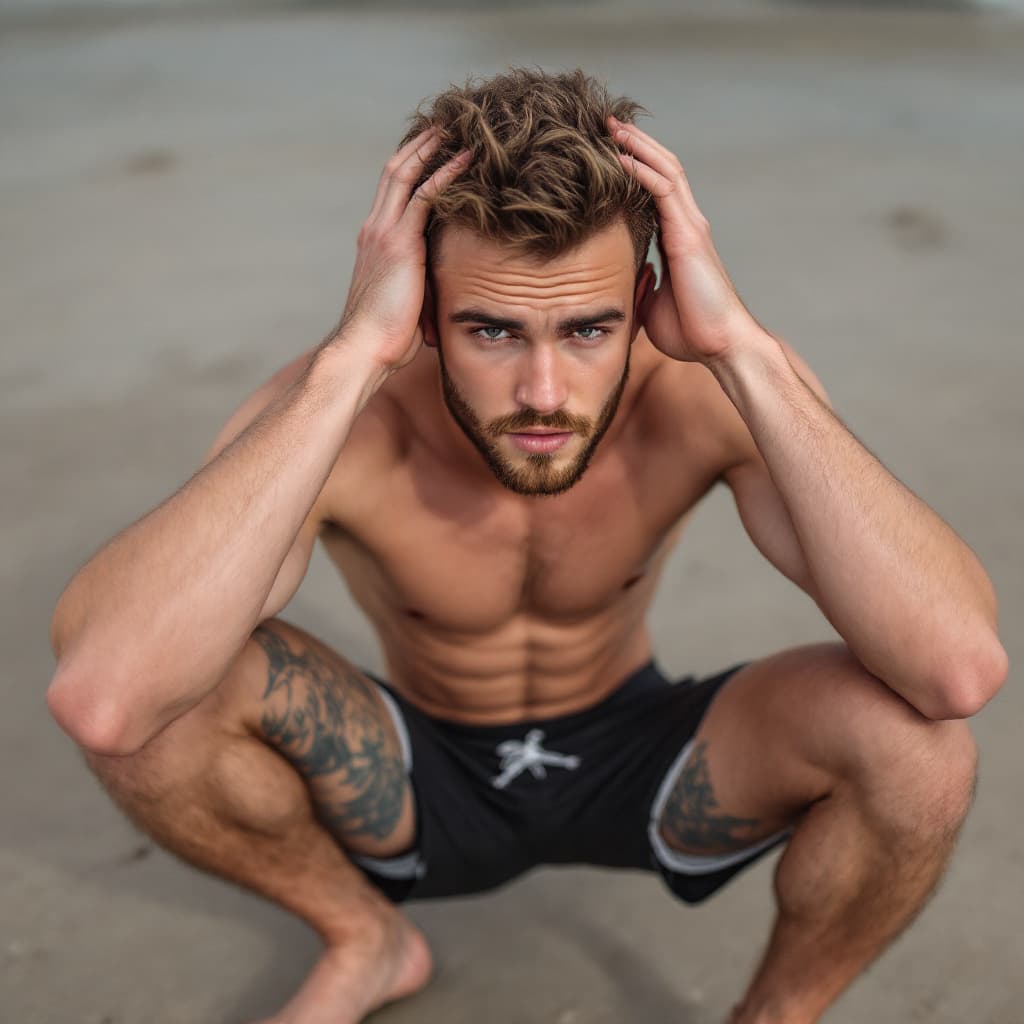 AI generated: Singer Liam Payne kneeling, with his hands behind his head, wearing sports shorts, without a shirt, ...