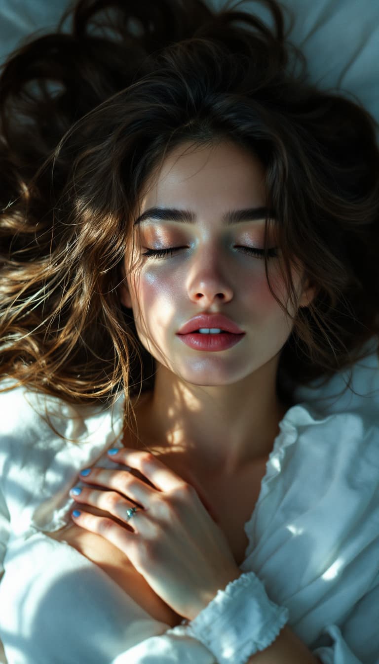 AI generated: a woman with long hair laying in bed, in the style of yigal ozeri, anamorphic lens flare, bella kota...