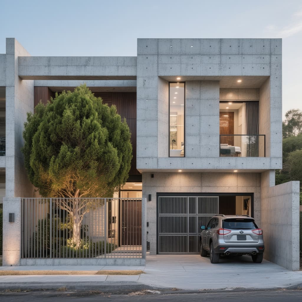 AI generated: Modern two-story house facade, 6 meter wide lot, contemporary Mexican architecture. 
Front half gara...
