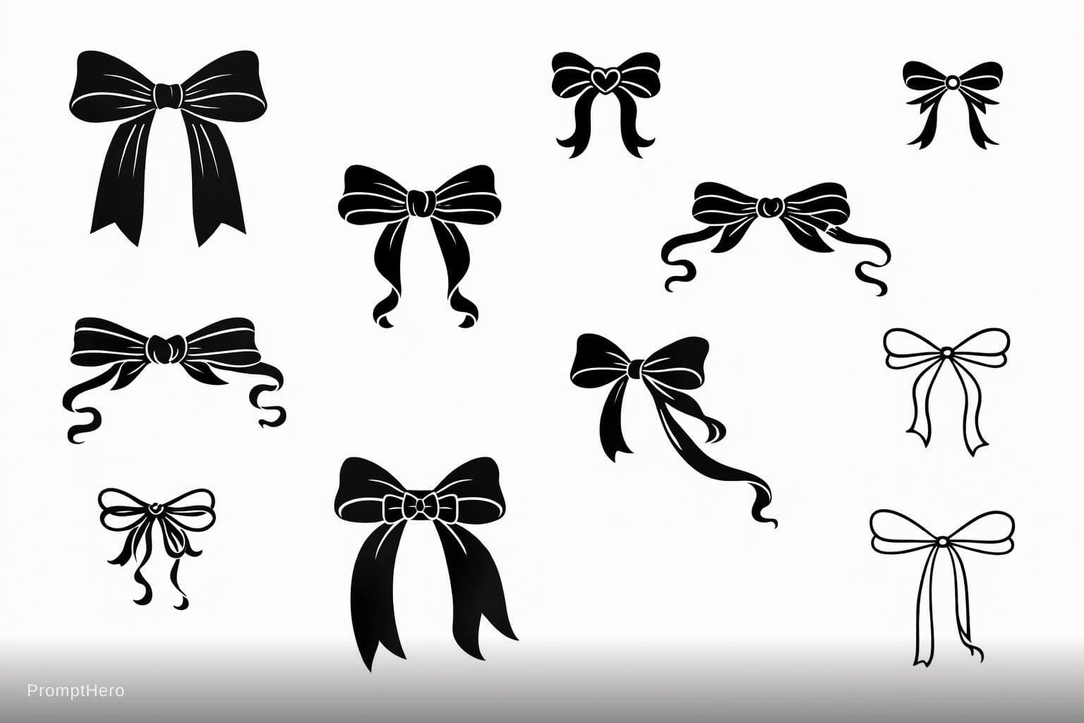 AI generated: "Create a clean black line art SVG sheet with exactly 10 unique coquette-style ribbon bows, solid bl...