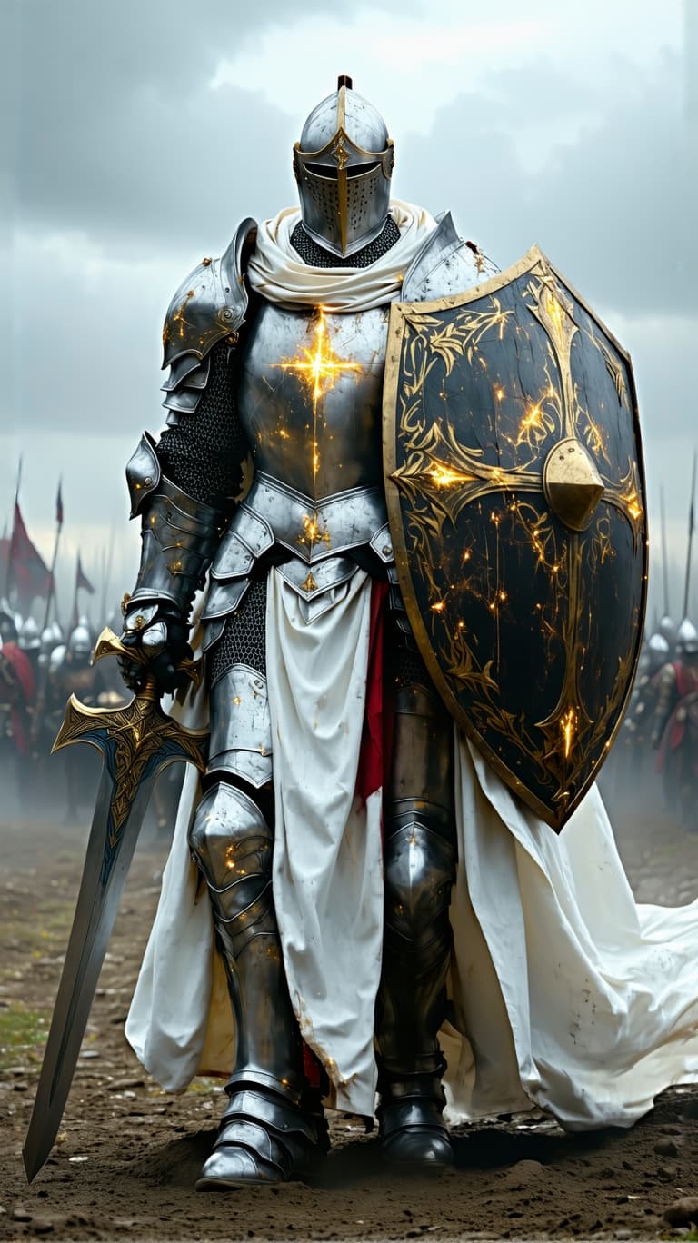 AI generated: An ultra-realistic, zoomed out, front facing, full-body portrait of a noble Paladin in gleaming silv...