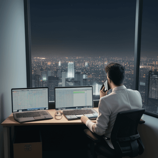 AI generated: 4k view of a day trader office , night time, trader checking forex charts, realistic computer with c...