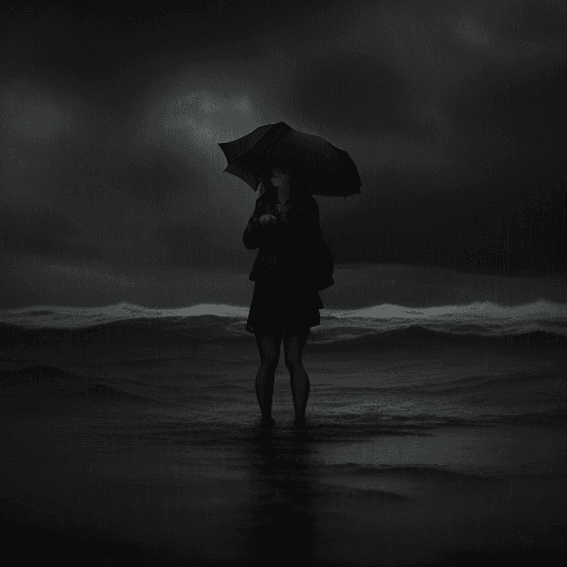 AI generated: In the midst of a heavy rainstorm on a dark, stormy night, a lone woman finds herself stranded in an...