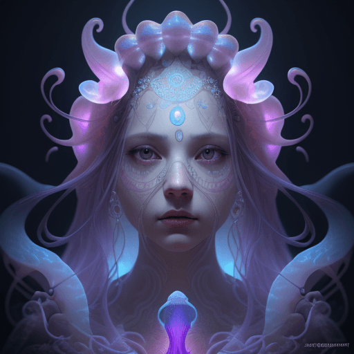 AI generated: Goddess close-up portrait ribcagel. jellyfish phoenix head, nautilus, orchid, skull, betta fish, bio...
