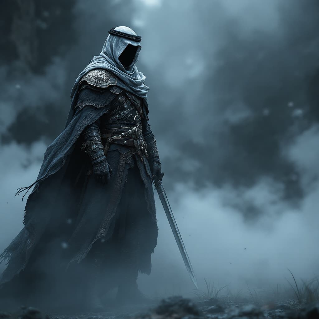 AI generated: Character Design, Dark Souls Knight, Wearing Palestinian Keffiyeh, Full Body, Fog, Realism, Octane R...