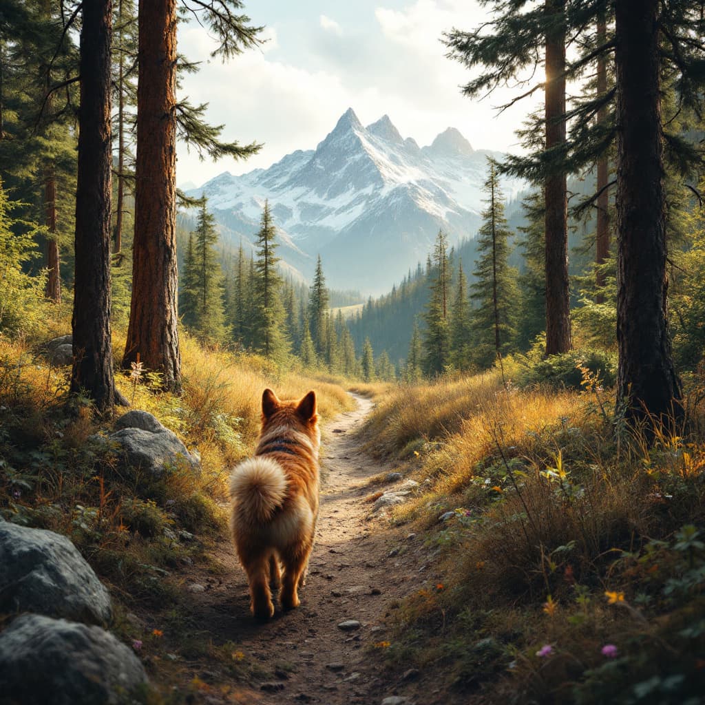 AI generated: A dog walking in a forest, with mountains in the background
