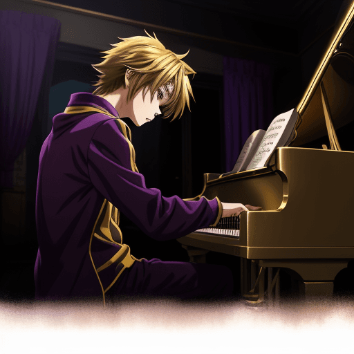 AI generated: photo of an anime-style boy playing a piano in a dark house, with golden and purple colors 