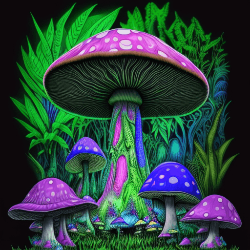 AI generated: giant human like Magic Mushroom, psychedelic background, fine line details, glow in the dark, foliag...