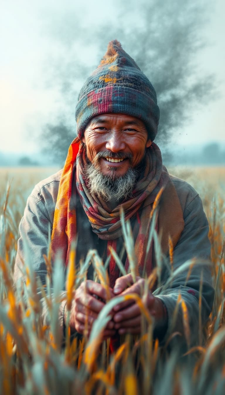 AI generated: Asian farmer + rice double color exposure effect