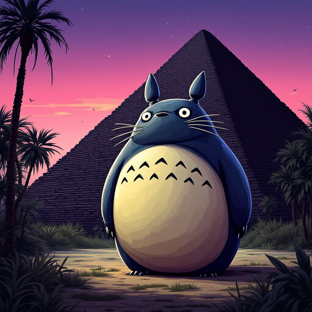 AI generated: Totoro at Giza --personalize nwnd4j3 --stylize 600