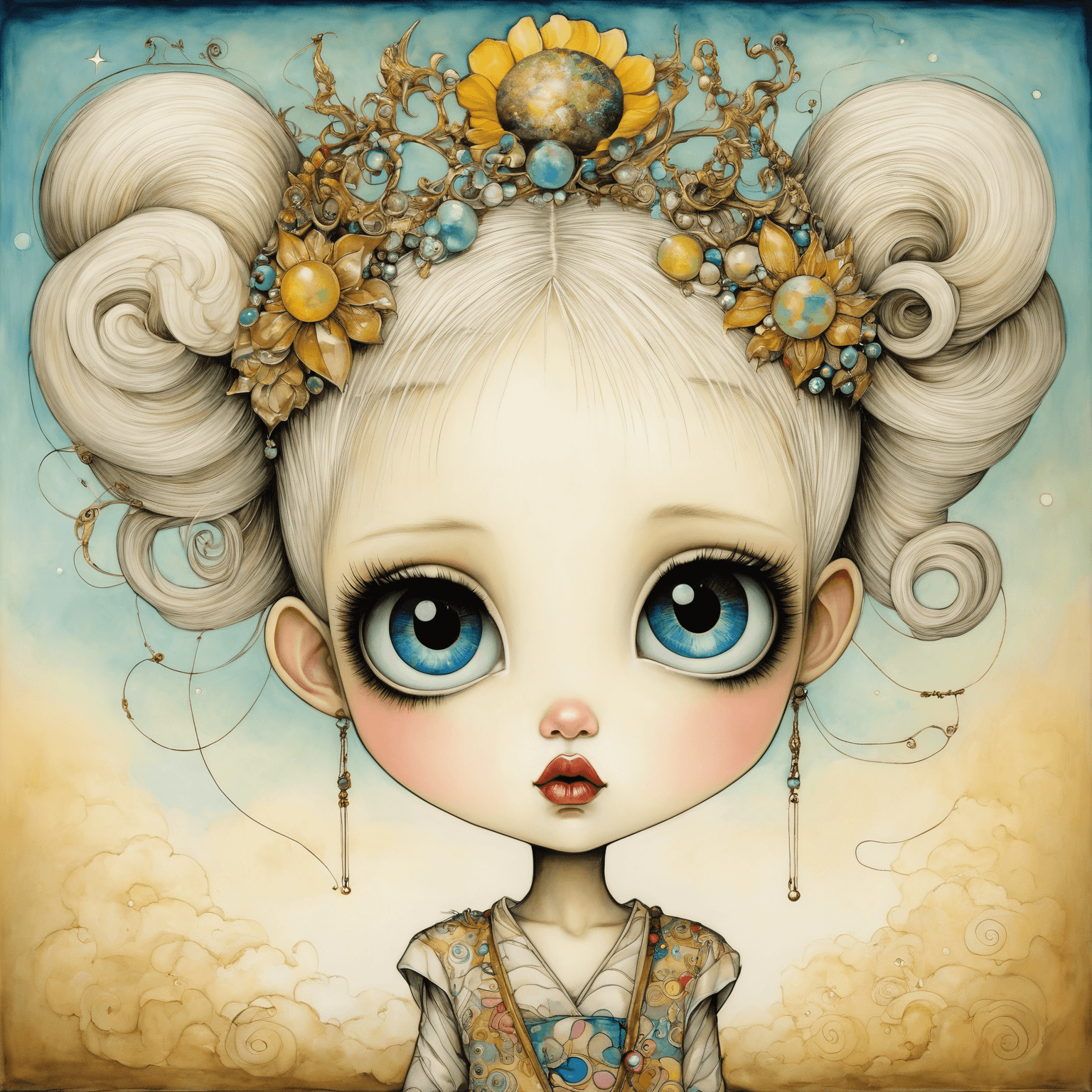 AI generated: exaggerated style with large head: large eyes: large hands and large feet: mixing art styles from Ja...