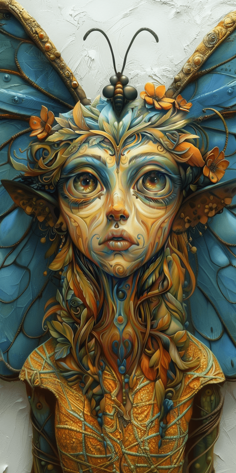 AI generated: A whimsical and detailed artwork of an adorable fairy with big eyes, dressed in vibrant attire adorn...