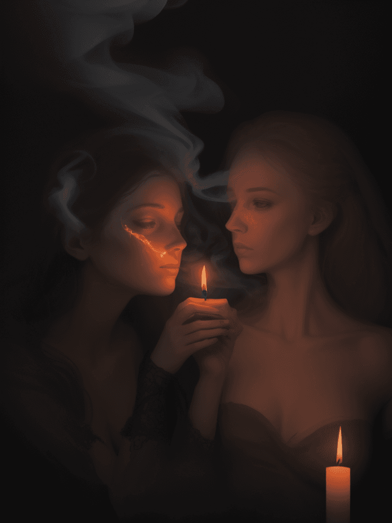 AI generated: Create a Realistic depiction of a women formed by candle smoke, the lovers emerge above the candle a...