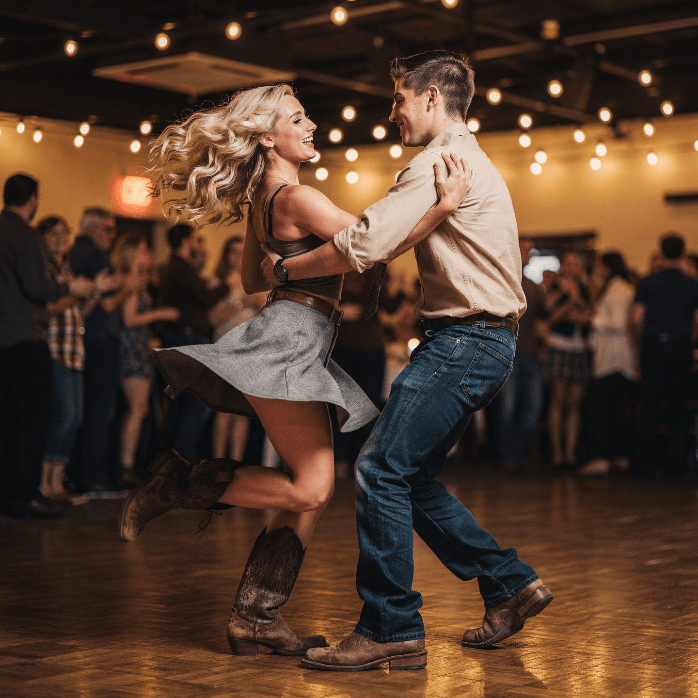 AI generated: in a crowded dance hall, young man and woman are doing a swing dance. She's a gorgeous blonde in a s...