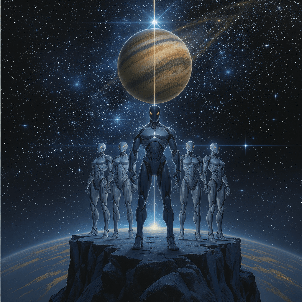 AI generated: six cyborgs 3 men and 3 women, standing on the edge of the universe, in a team position and with 
s...