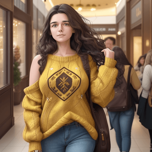 AI generated: A woman with wavy dark brown hair, wearing an oversized yellow knitted sweater that leaves her shoul...