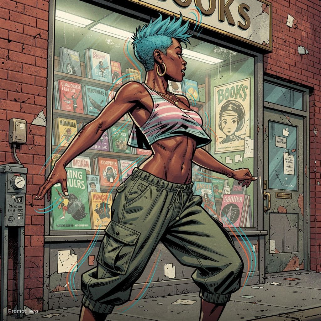AI generated: Akan-Chokwe female playful dancer 24-year-old with short spiky cerulean hair, asymmetric crop top, c...