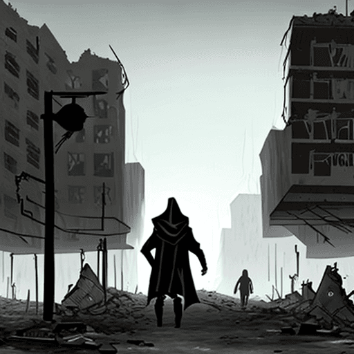AI generated: Ruined post-apocalyptic city. Hooded person from the back.