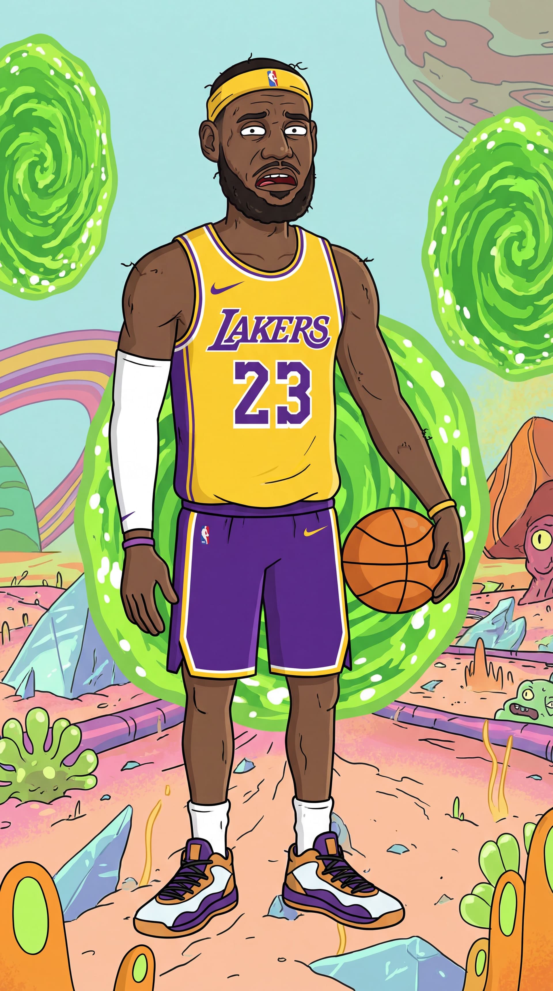 AI generated: https://promptbase.com/prompt/rick-and-morty-style-cartoon-characters-2 make a character Lebron Jame...