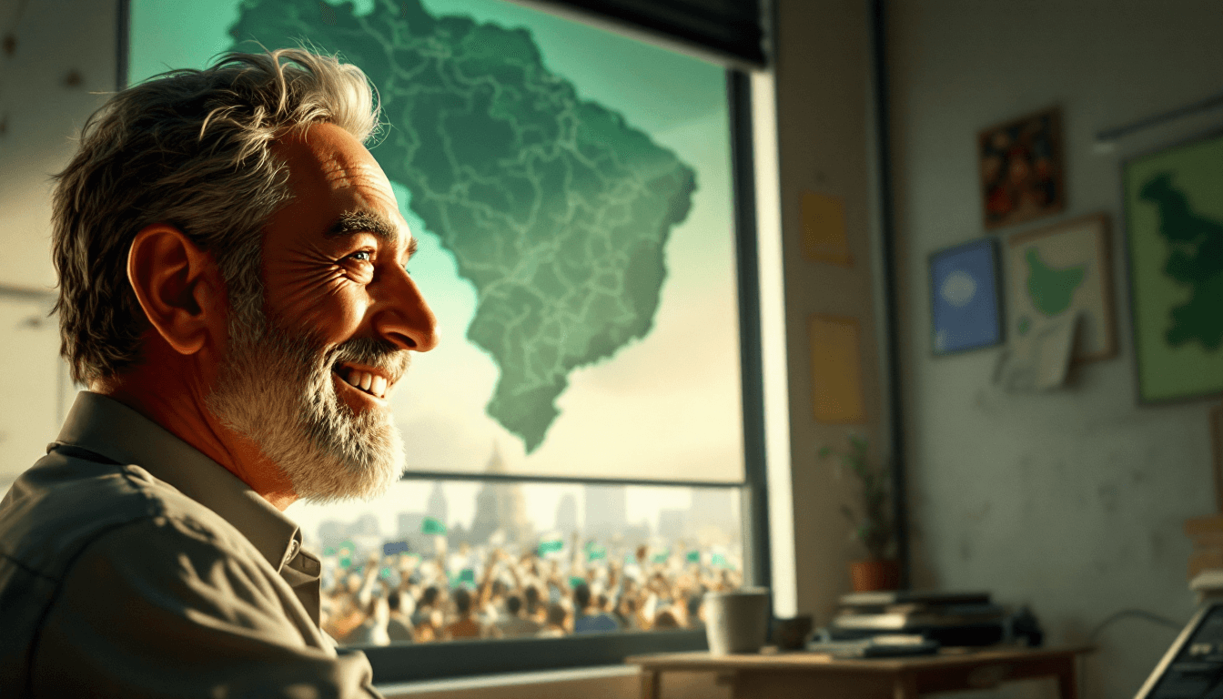 AI generated: "Professor Álvares in his classroom, with a map of Paraná suspended in the background. He looks out ...
